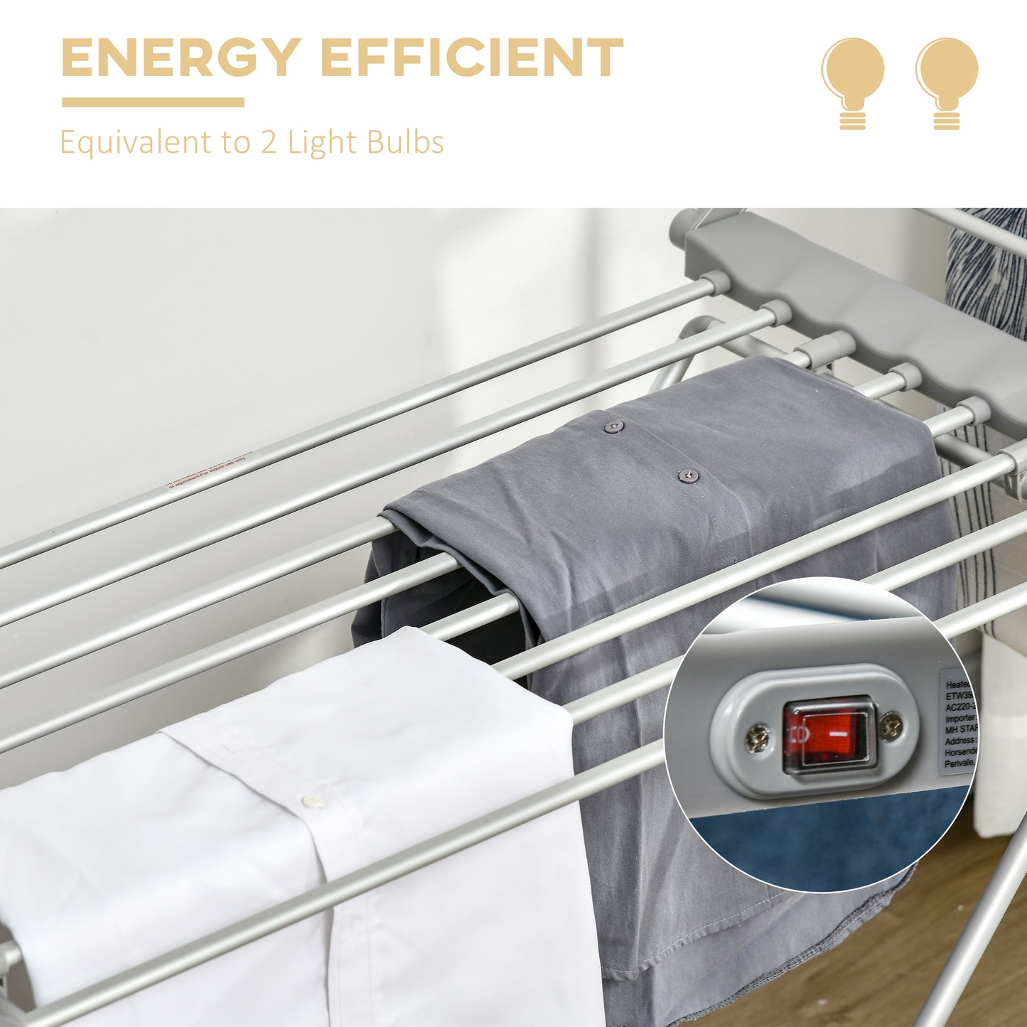 HOMCOM Electric Heated Clothes Dryer, Folding Energy-Efficient Indoor Airer with Extendable Wings Silver