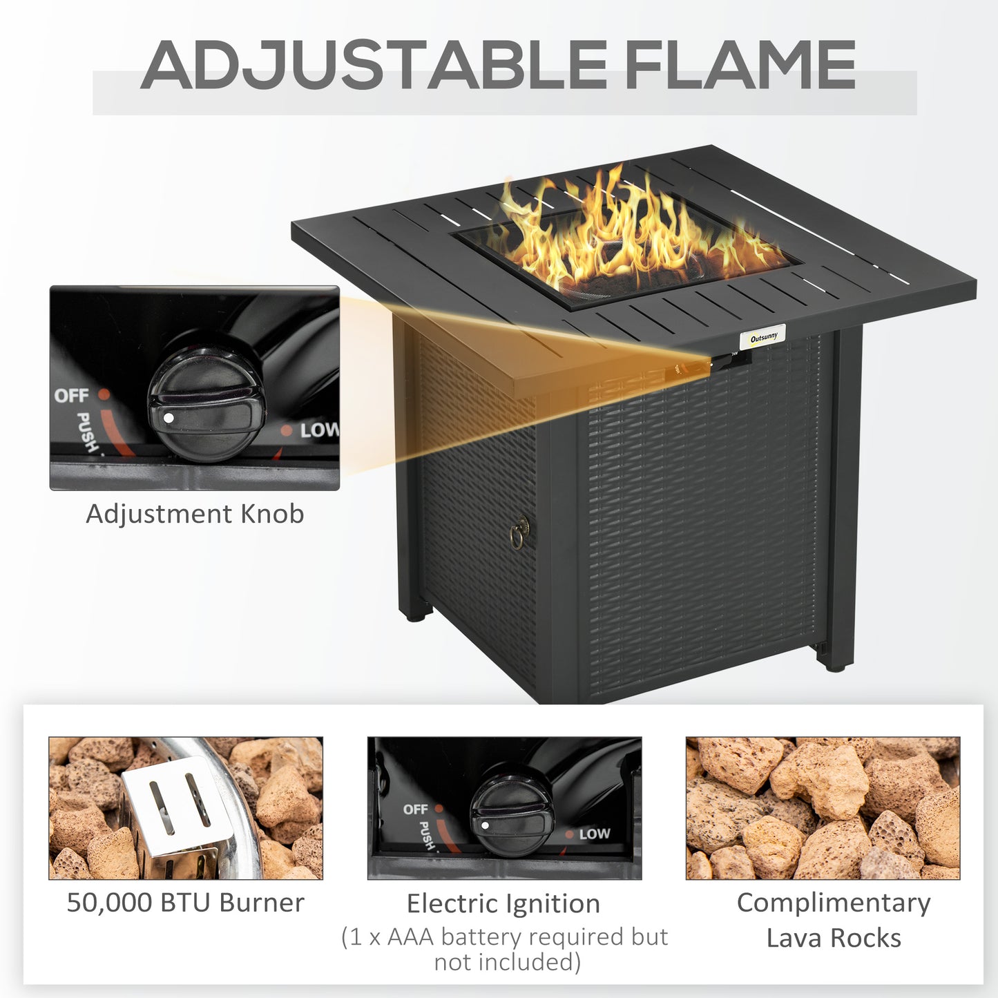 Outsunny Rattan-style Propane Gas Fire Pit Table with 50,000 BTU Burner, Square Smokeless Firepit Patio Heater with Thermocouple, Lava Rocks, Waterproof Cover, Spark Guard, and Lid