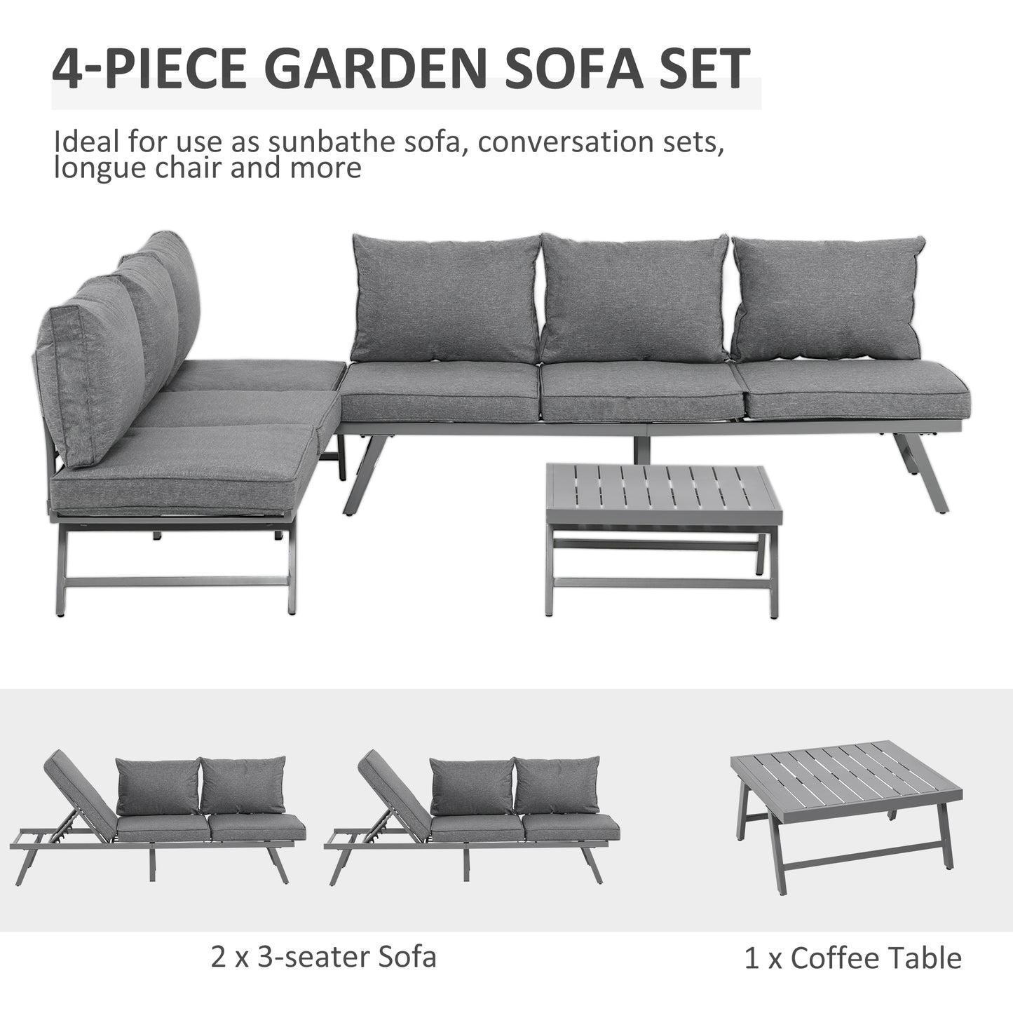 Outsunny 3 Pcs Garden Seating Set w/ Convertible Sofa Lounge Table Padded Cushions Outdoor Patio Furniture Couch Grey Coffee