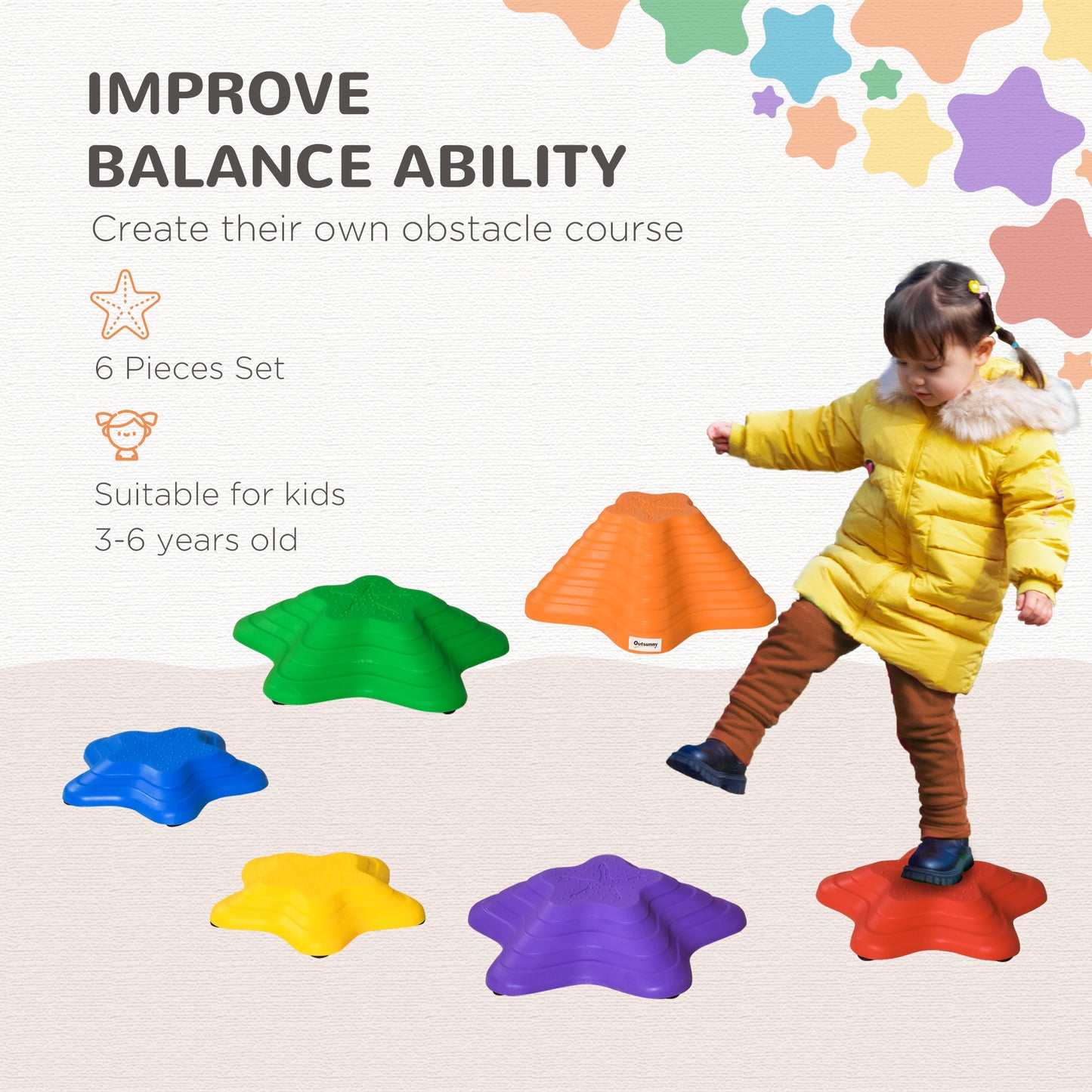 Outsunny 6pcs Balance Stepping Stones for Kids Starfish Style Non-slip Obstacle Course Stackable Balance Blocks Encourage Toddler Balance