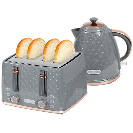 HOMCOM 1.7L 3000W Fast Boil Kettle & 4 Slice Toaster Set Kettle and Toaster Set with 7 Browning Controls Crumb Tray Grey