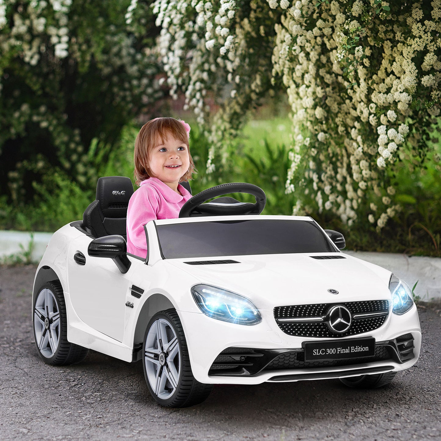 AIYAPLAY Mercedes Benz SLC 300 Licensed 12V Kids Electric Ride On Car with Parental Remote Two Motors Music Lights Suspension Wheels for 3-6 Years White