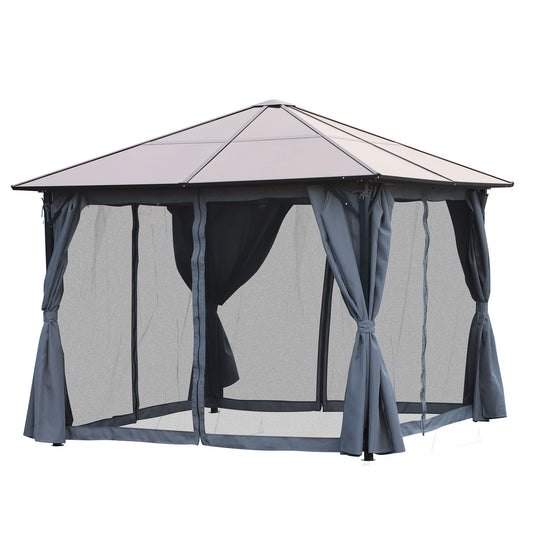 Outsunny 3 x 4m Garden Aluminium Gazebo Hardtop Roof Canopy Marquee Party Tent Patio Outdoor Shelter with Mesh Curtains & Side Walls - Grey 4x3m w/ Netting PC Board