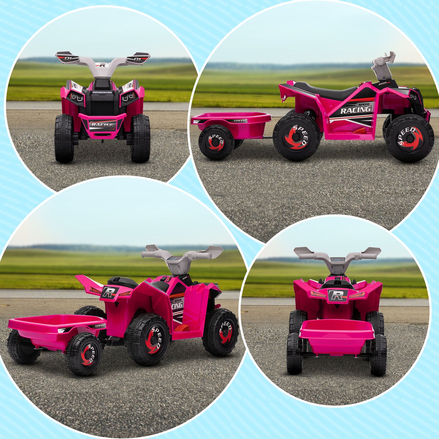 HOMCOM 6V Quad Bike with Back Trailer, Wear-Resistant Wheels for Ages 18-36 Months, Pink