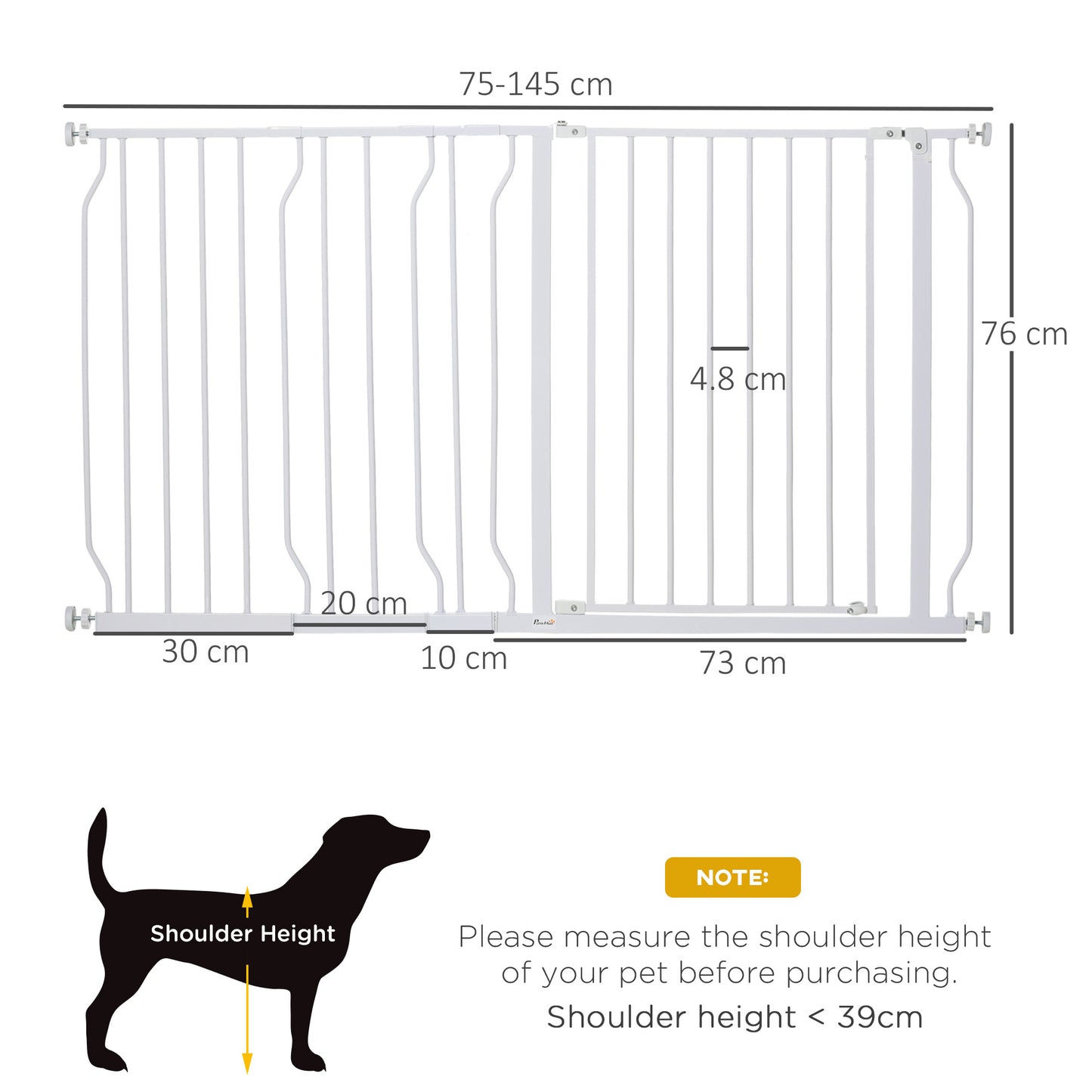 PawHut Dog Gate Extra Wide Stairway Gate for Pet with Door, 76H x 75-145Wcm, White