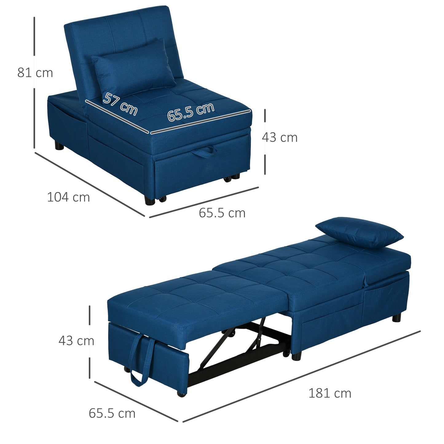 HOMCOM Convertible Chair Bed with Padding Seat 4in1 MultiFunctional Sleeper Chair Bed Recliner with Adjustable Backrest Side Pocket Wheels and Pillow for Living Room Blue