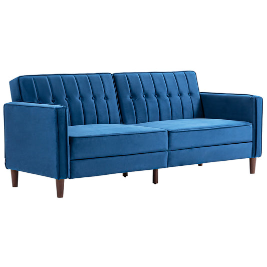 HOMCOM Modern Convertible Sofa Futon Velvet-Touch Tufted Couch Compact Loveseat with Adjustable Split Back, Blue