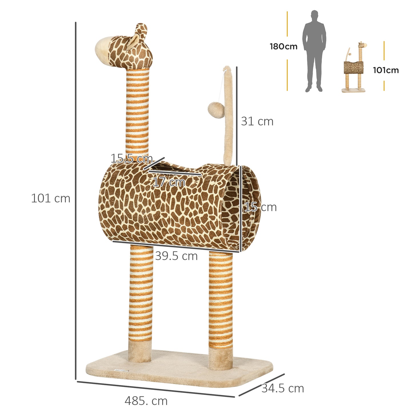 PawHut Cat Tree for Indoor Cats Cute Giraffe Kitten Play Tower, 48.5 x 34.5 x 101 cm