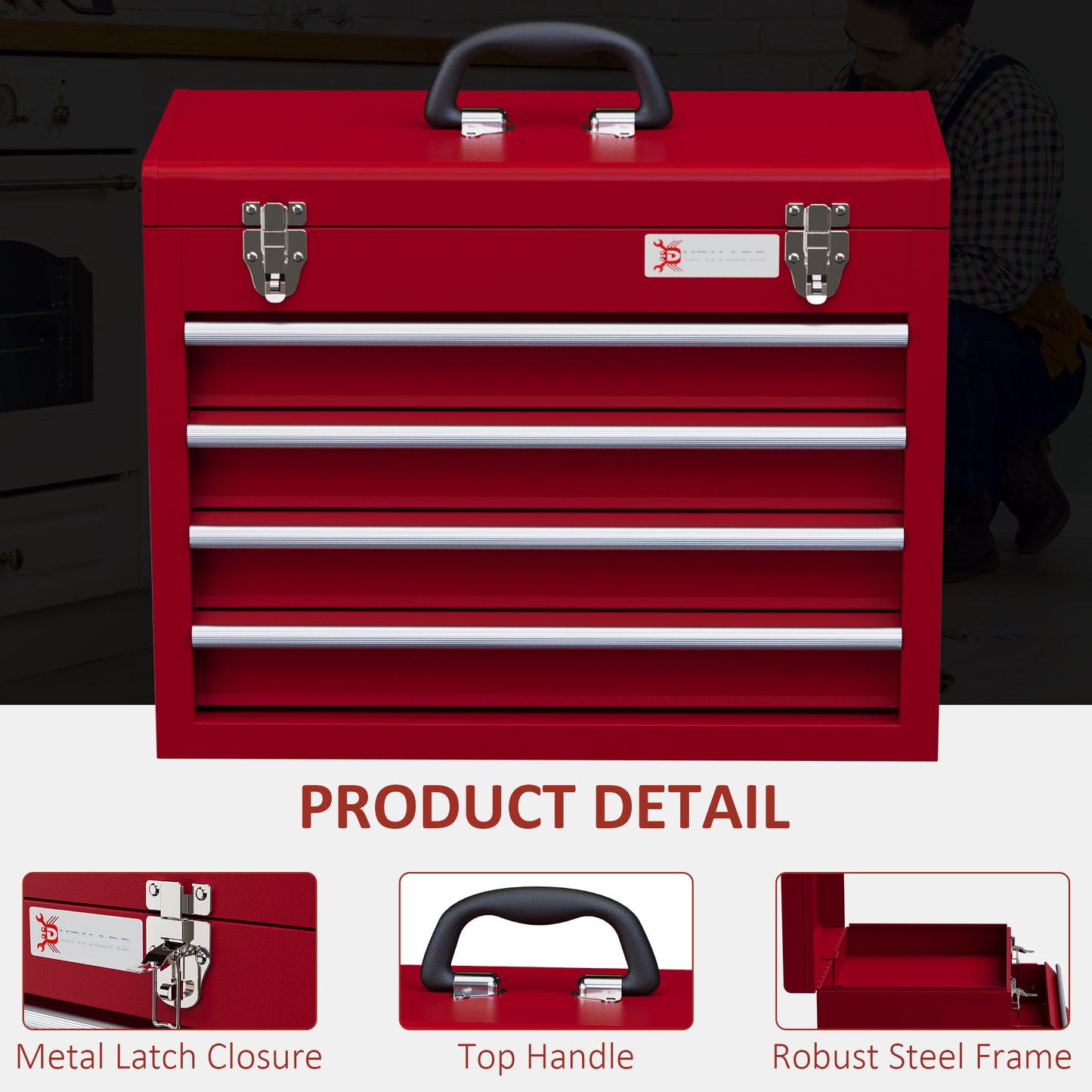 DURHAND Lockable Metal Tool Box 4 Drawer Tool Chest with Latches Handle Ball Bearing Runners Red