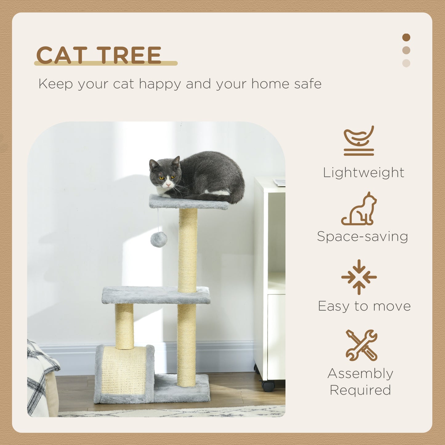PawHut 72cm Cat Tree with Scratching Post Pad for Indoor Cats Light Grey