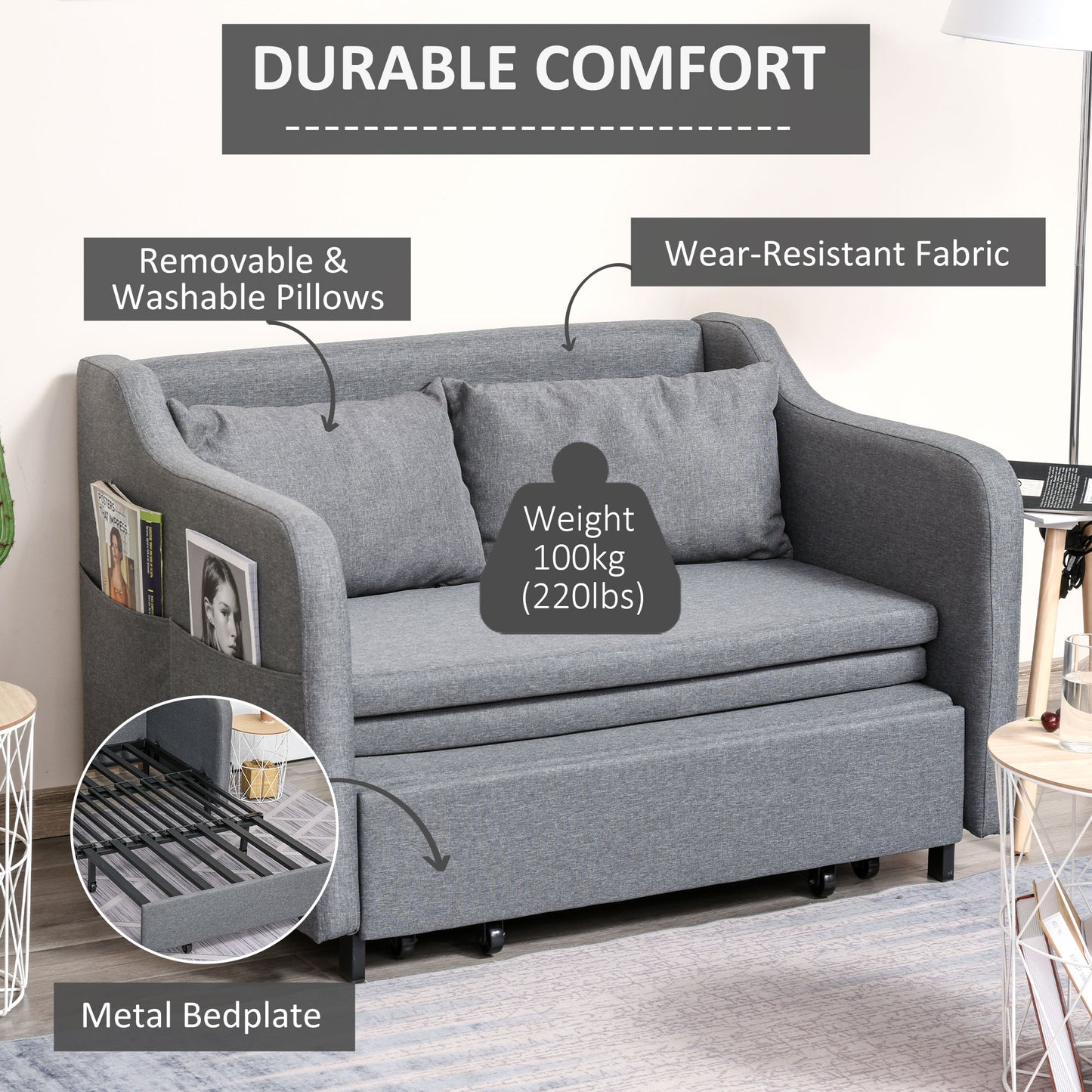HOMCOM 2 Seater Sofa Bed, Pull Out Sofa Bed with Pillows and Side Pockets, Convertible Sleeper Couch for Living Room, Grey