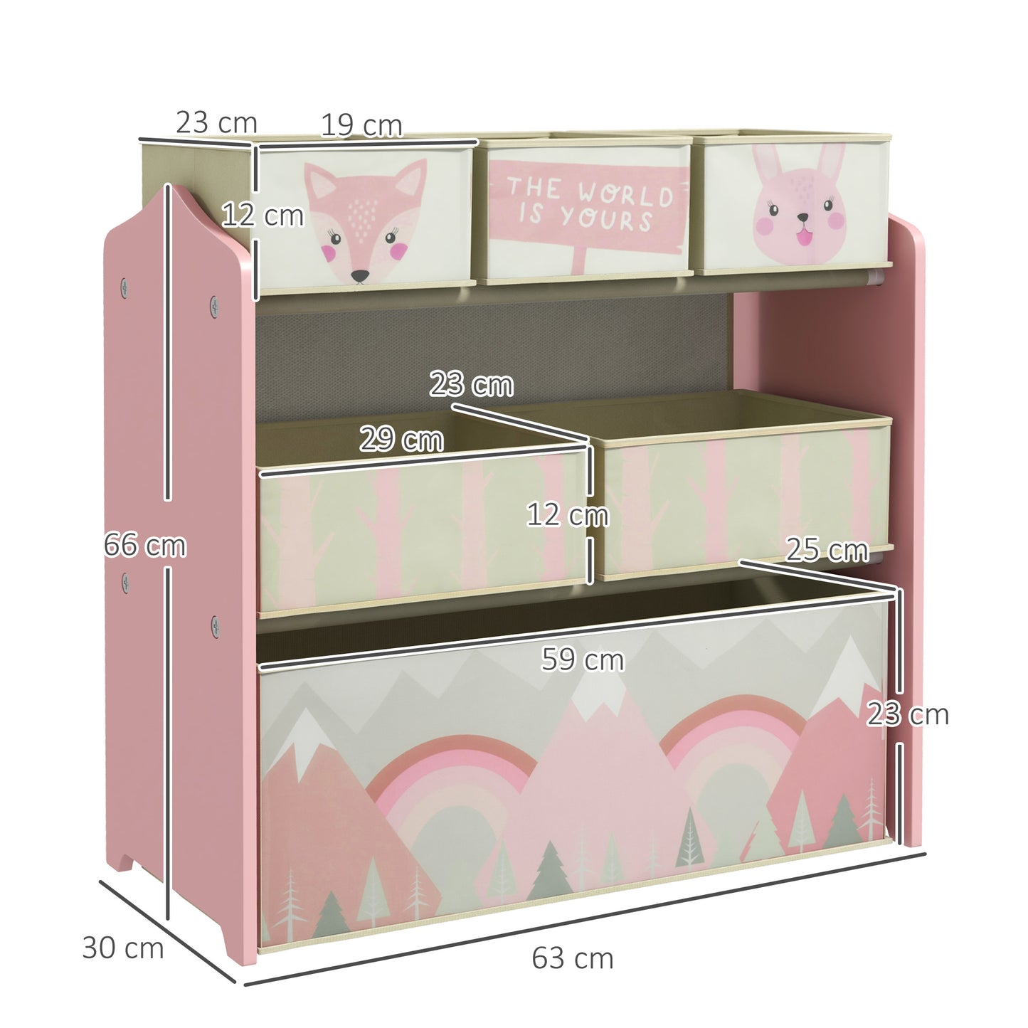 ZONEKIZ Kids Storage Unit Toy Storage Organiser with Six Fabric Bins for Bedrooms Playrooms Nurseries Pink