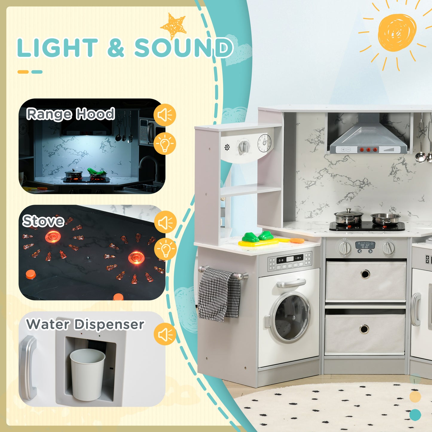 AIYAPLAY Toy Kitchen with Running Water Lights Sounds Apron and Chef Hat Water Dispenser for Ages 36 Years Grey