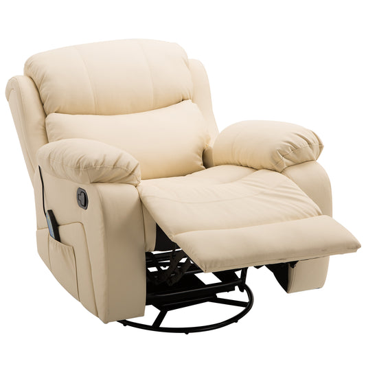 HOMCOM PU Leather Reclining Chair with 8 Massage Points and Heat Manual Recliner with Swivel Base Footrest and Remote Beige