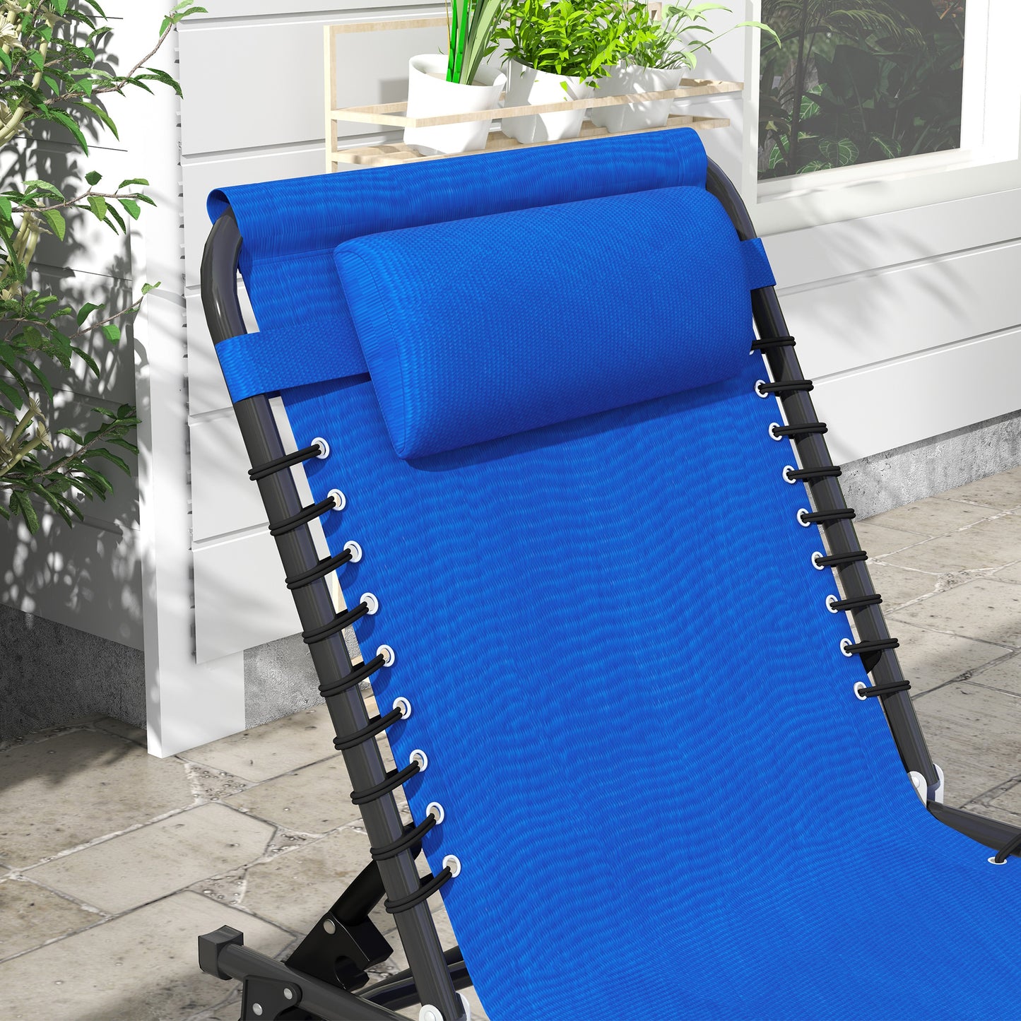 Outsunny 2 Pcs Folding Sun Lounger Beach Chaise Chair Garden Cot Camping Recliner with 4 Position Adjustable Blue