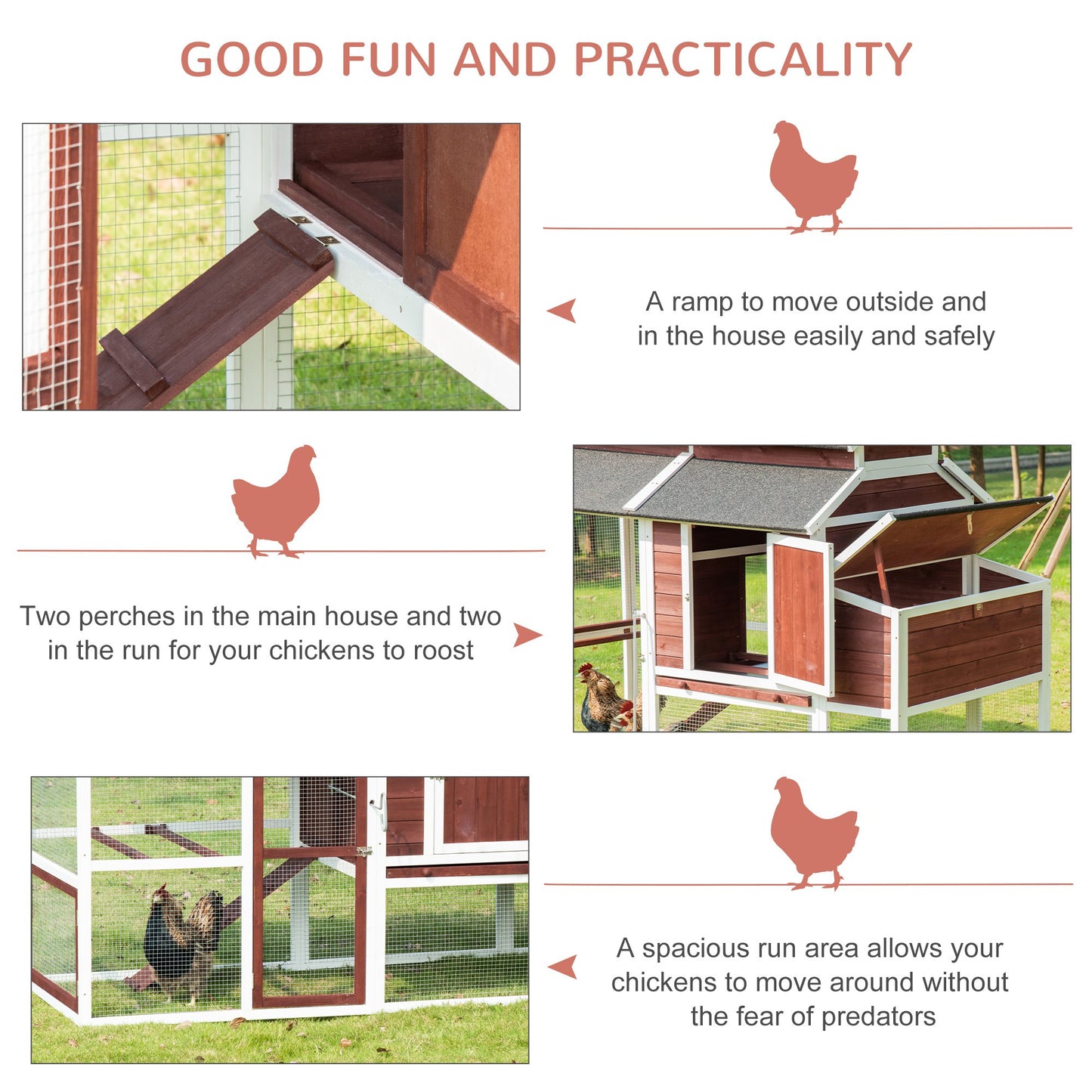 PawHut Deluxe Chicken Coop, Multi-room Hen House, Wooden Poultry Cage w/ Outdoor Run, Nesting Box, Removable Tray, Waterproof Asphalt Roof and Lockable Doors, 207 x 105 x 145cm 207cm Coop House Tray