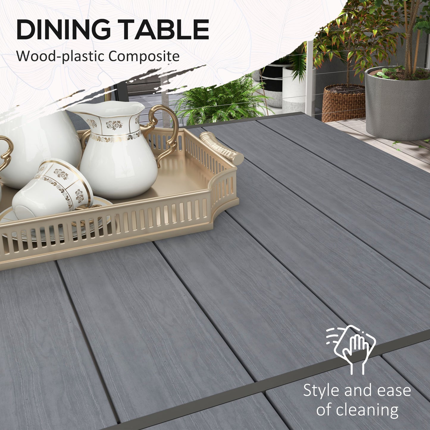 Outsunny 7 Pieces Garden Dining Set with Wood-plastic Composite Dining Table, Outdoor Table and 6 Stackable Armchairs with Breathable Mesh Fabric Seats and Backrest, Light Grey