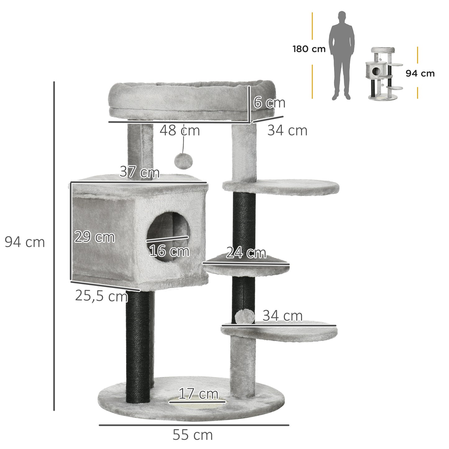 PawHut Cat Tree, Cat Tower for Indoor Cats with Sisal Scratching Post, Ramp, Kitten Bed, Condo, Ball Toy, Light Grey, 55x55x94 cm