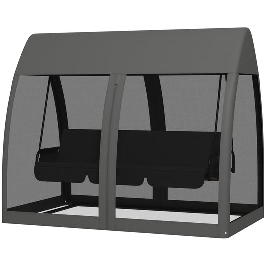 Outsunny 3 Seater Swing Chair 2 in 1 Garden Swing Seat Bed Convertible Outdoor Rocking Bench Bed with Water-Resistant Roof, Zipped Door and Mosquito Netting, Grey