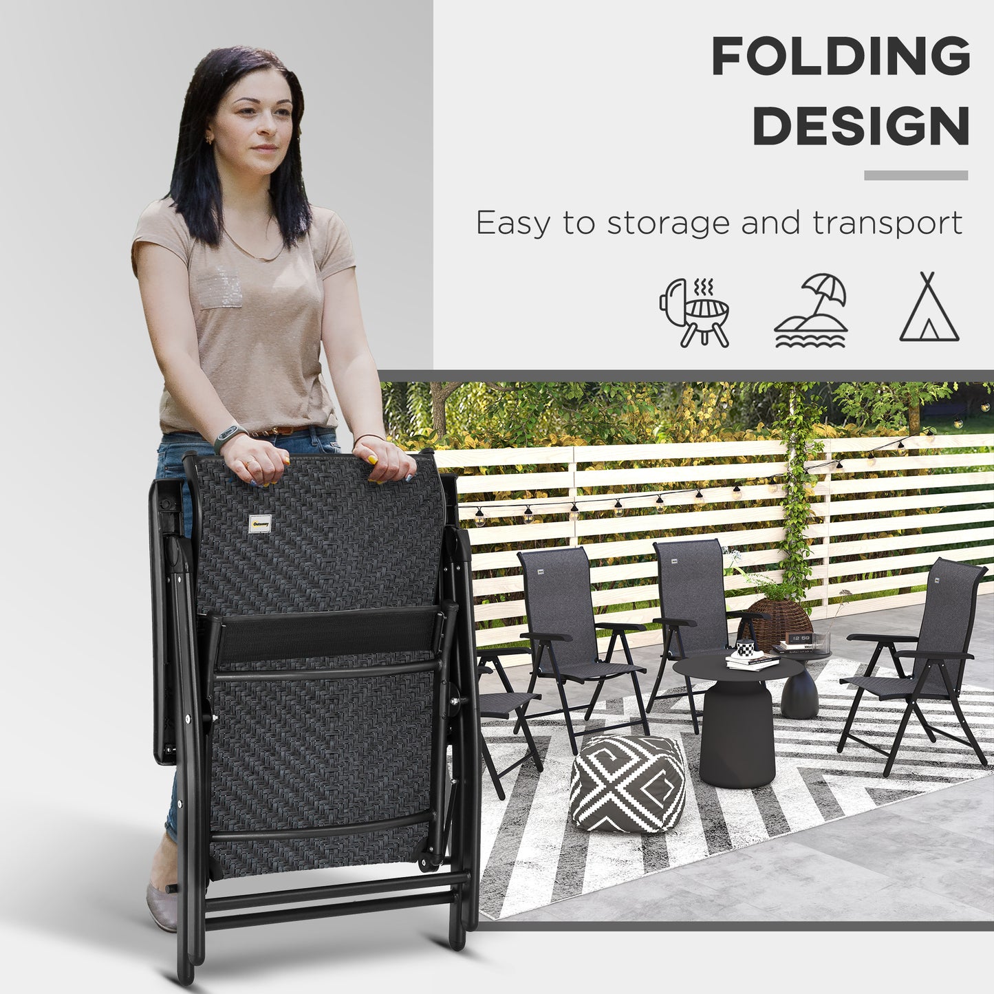Outsunny 4 PCs Outdoor Rattan Folding Chair Set with 7 Levels Adjustable Backrest for Patio, Lawn