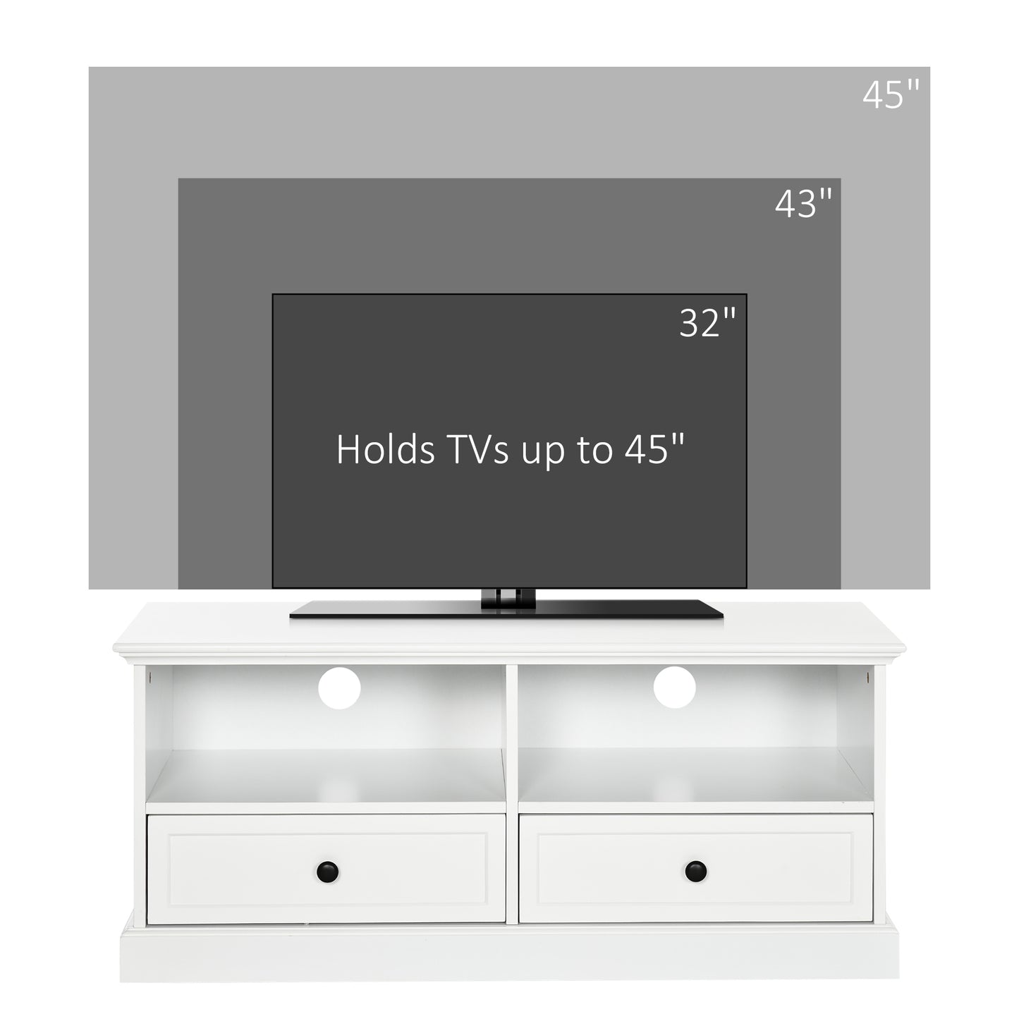 HOMCOM Modern TV Unit Cabinet for TVs up to 45 Inches, TV Stand with Drawers, Open Shelves, Cable Holes for Living Room, White