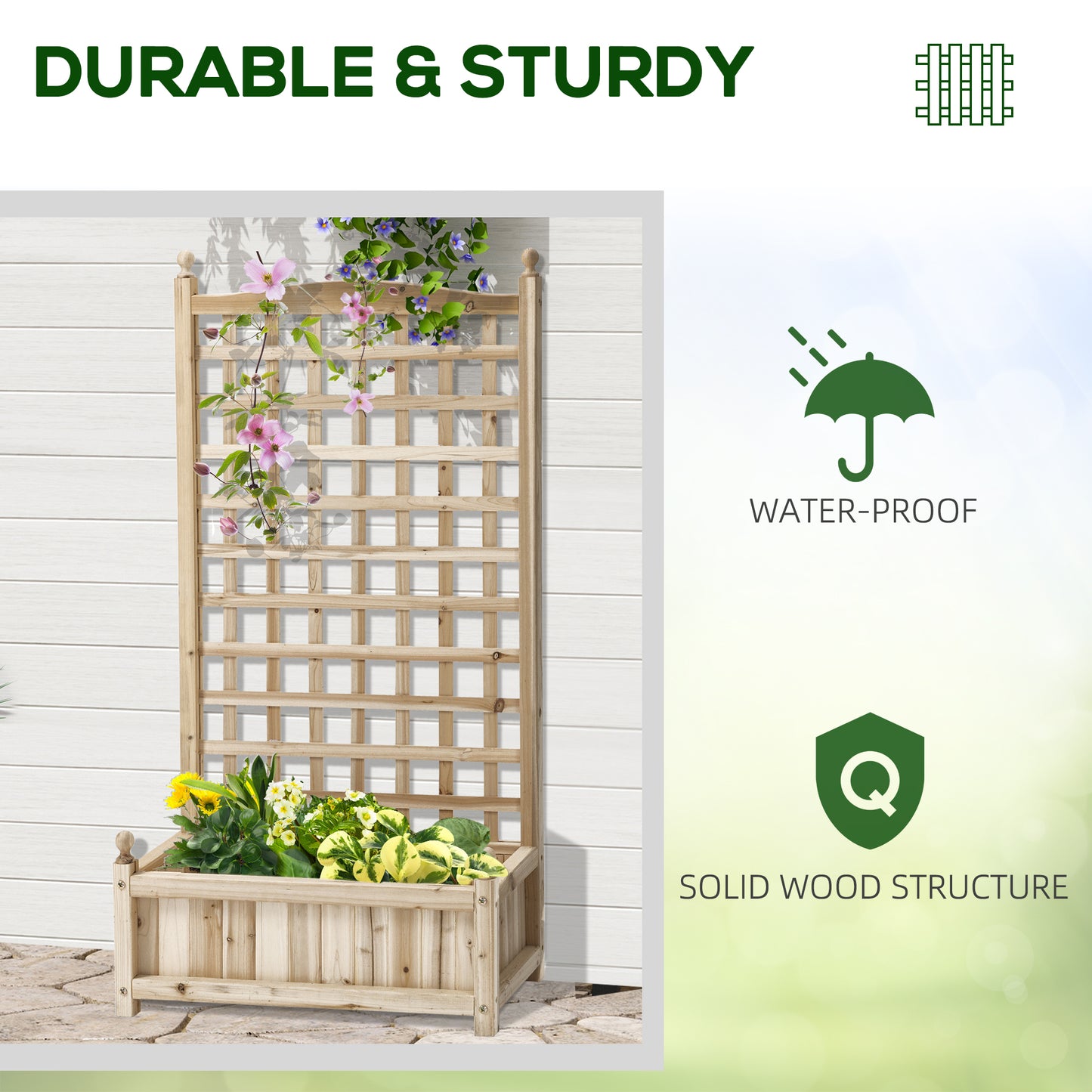 Outsunny Garden Planters with Trellis for Climbing Vines Wood Raised Beds for Garden Flower Pot Indoor Outdoor Natural