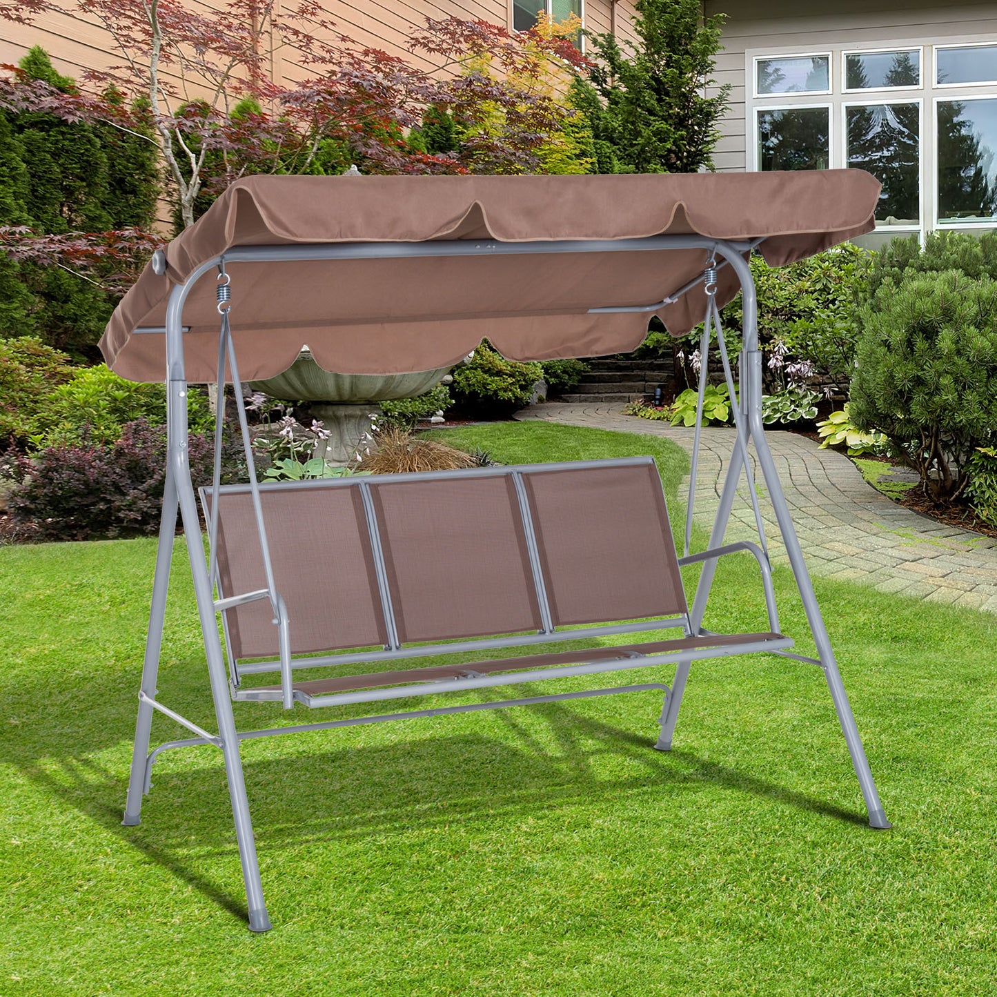 Outsunny Outdoor 3-Seater Swing Chair Garden Hammock Bench Rock Shelter-Brown