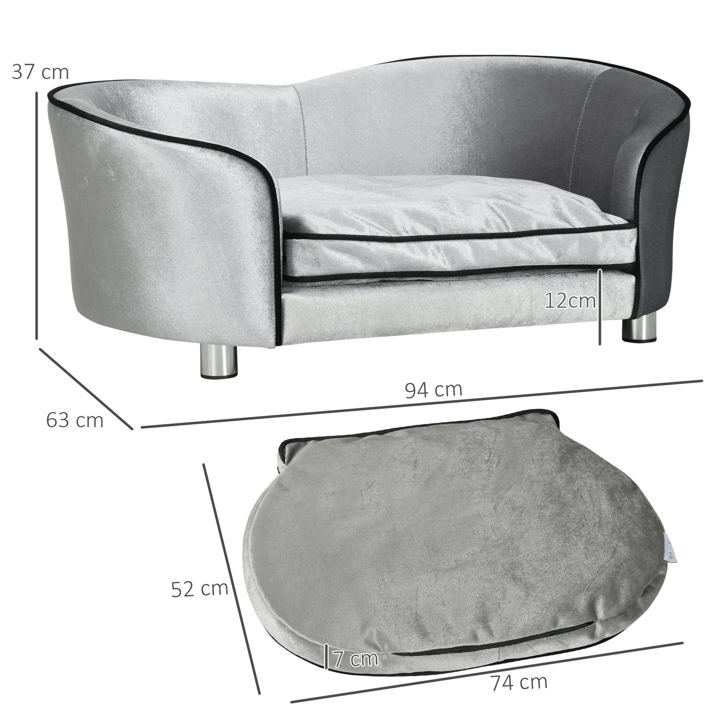 PawHut Dog Sofa Pet Chair, Kitten Bed Couch w/ Wooden Frame, Removable Cushion - Silver-Tone and Grey