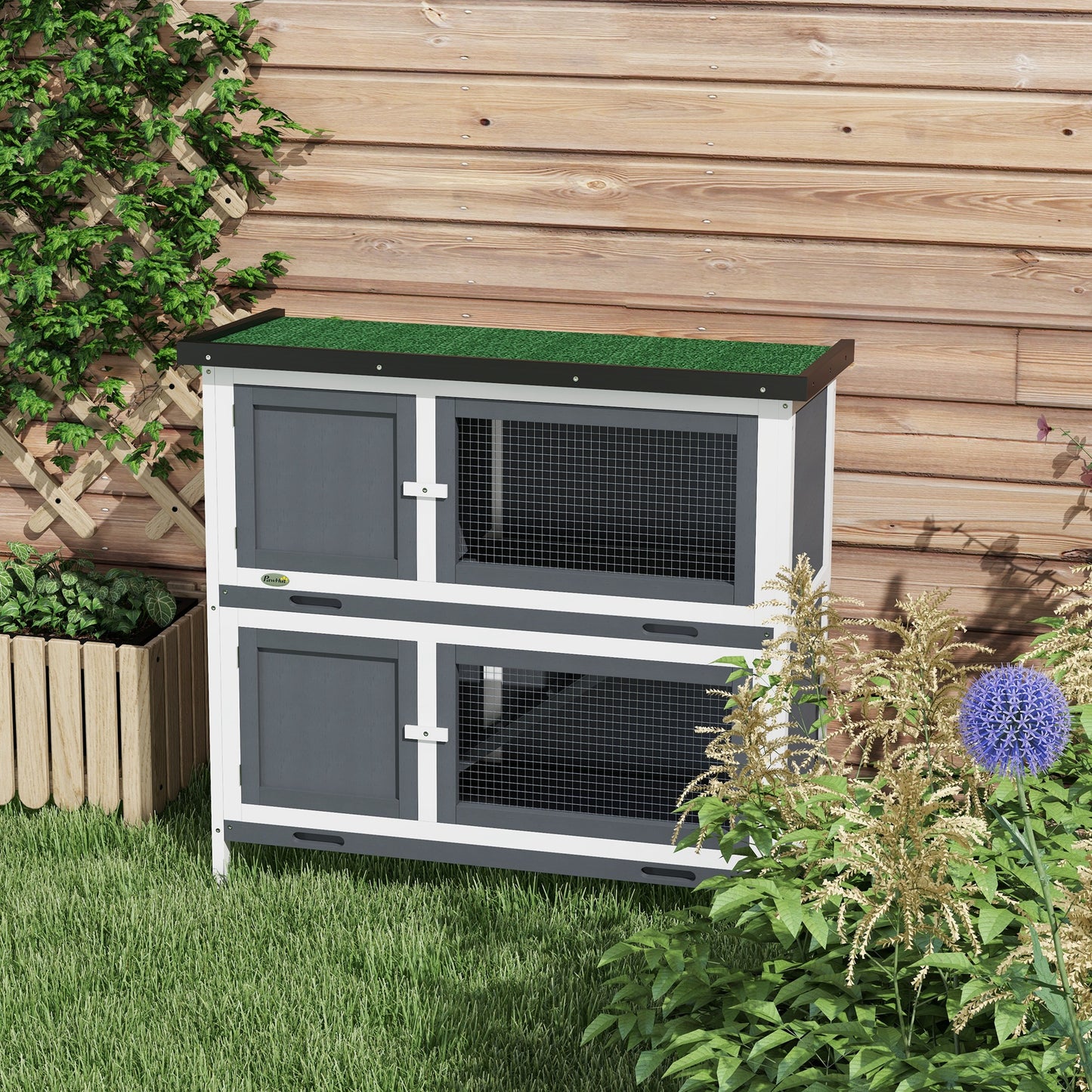 PawHut Double Decker Rabbit Hutch 2 Tier Guinea Pig House Pet Cage Outdoor with Slidingout Tray 100 x 47 x 91cm Grey