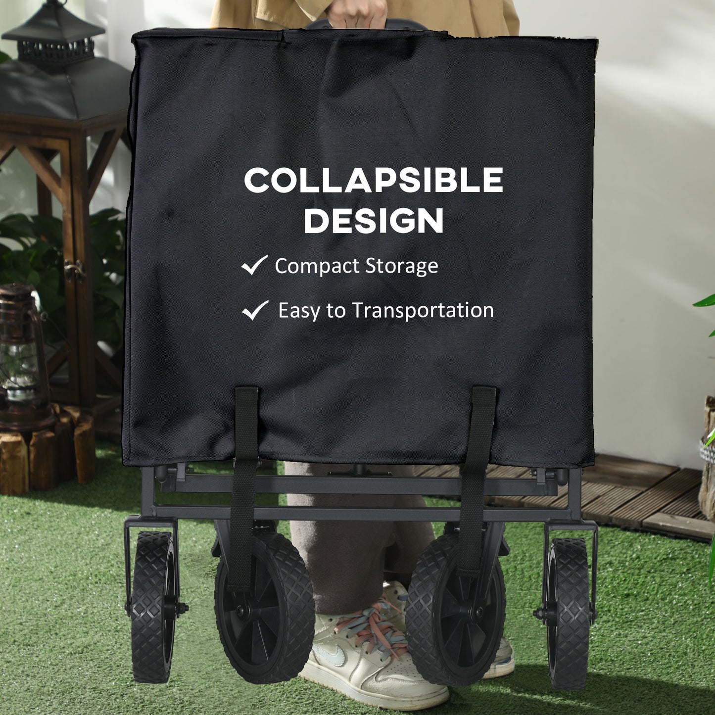 Outsunny Folding Pull Along Cart Cargo Wagon Trolley with Telescopic Handle - Black