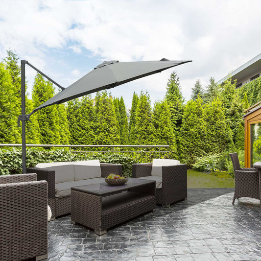 Outsunny 3(m) Offset Parasol Cantilever Hanging Umbrella 360° Rotation w/ Base Dark Grey