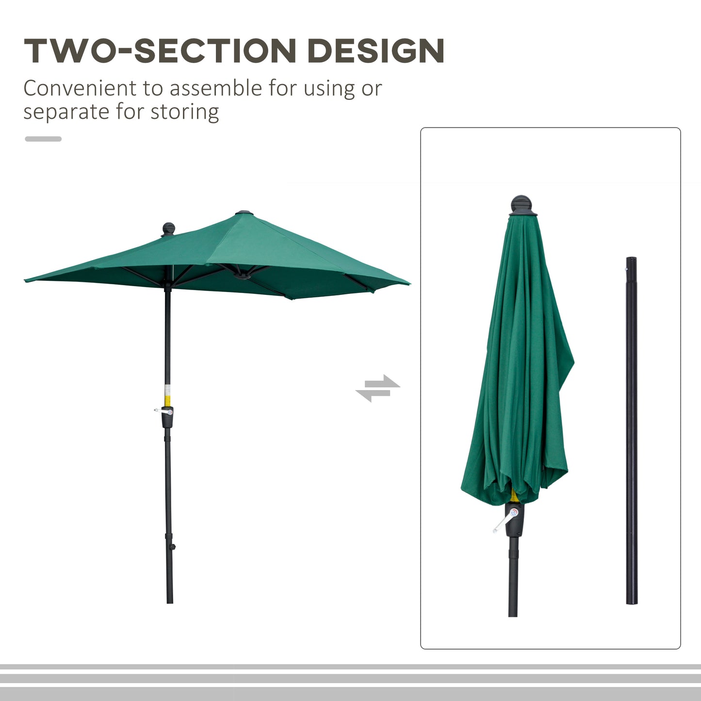 Outsunny 2m Half Parasol Market Umbrella Garden Balcony Parasol with Crank Handle, Base, Double-Sided Canopy, Dark Green