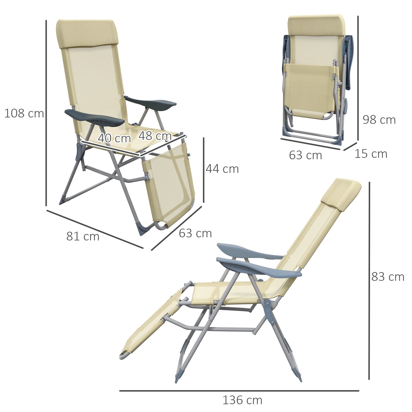 Outsunny Outdoor Sun Lounger Set of 2, Reclining Garden Chairs w/ Adjustable Footrest, 2 pcs Recliner w/ 5-level Adjustable Backrest, Headrest, Beige