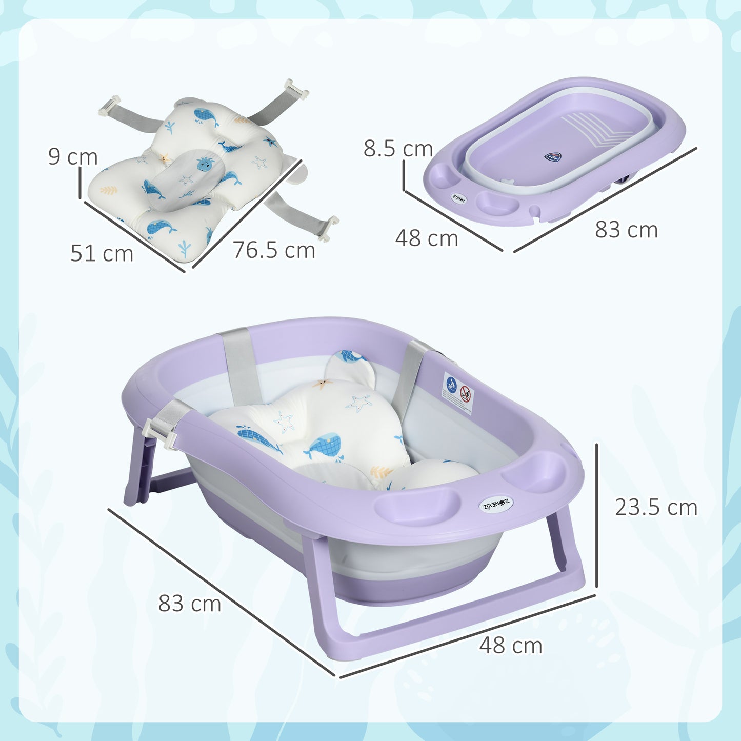 ZONEKIZ Foldable Baby Bathtub, W/ Non-Slip Support Legs, Cushion Pad, Shower Holder - Purple