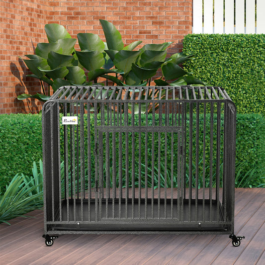 PawHut Foldable Heavy Duty Dog Crate, Dog Cage on Wheels, Portable Dog Kennel