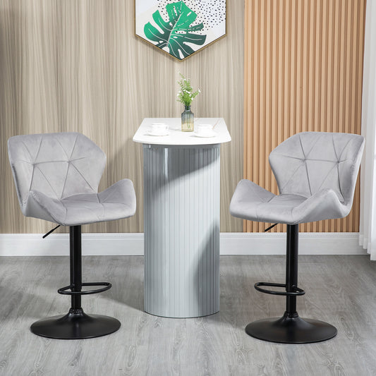 HOMCOM Bar Stools Set Of 2 Luxurious Velvet-Touch Barstools w/ Metal Frame Footrest Round Base Triangle Indenting Moulded Seat Adjustable Height Grey
