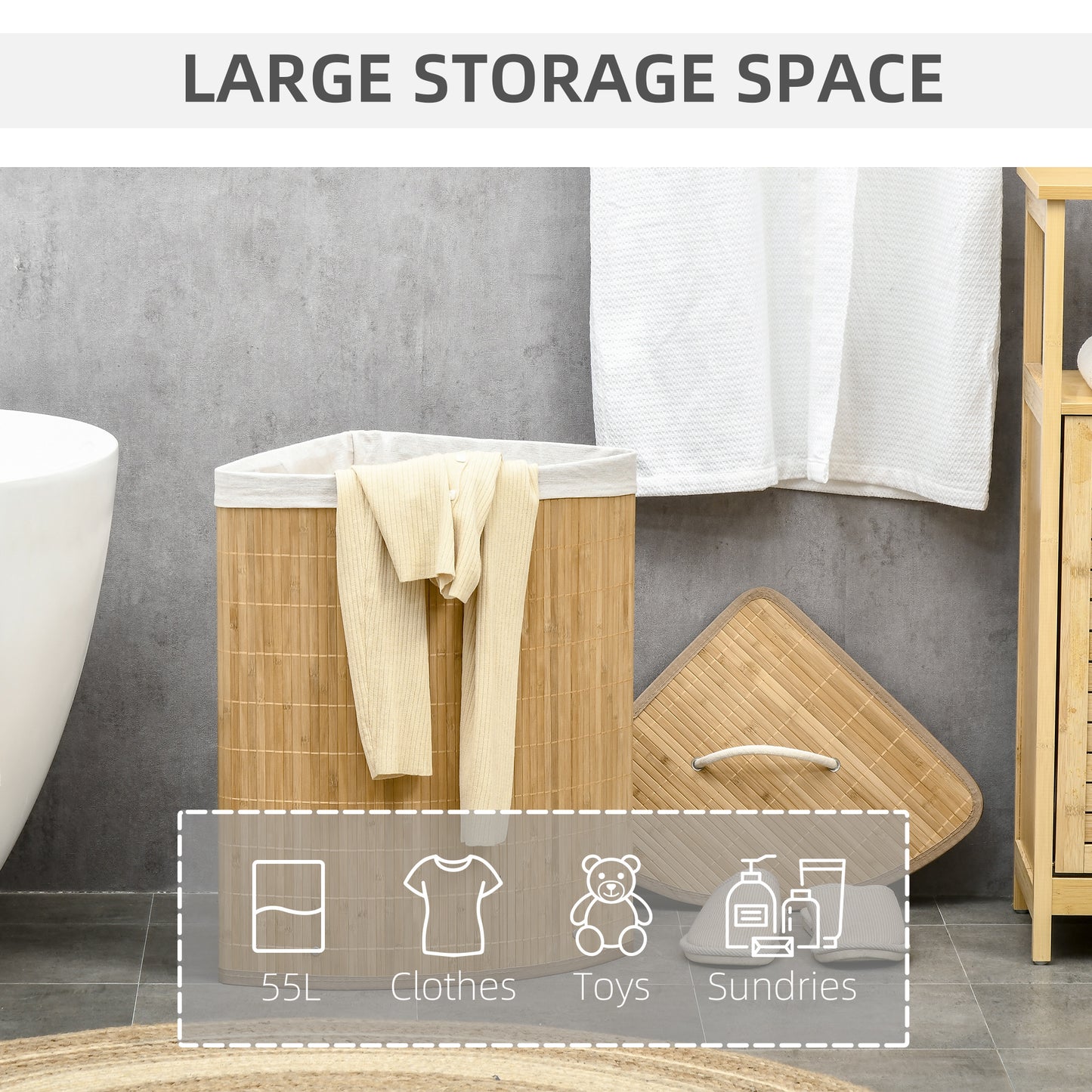 HOMCOM Bamboo Laundry Basket with Lid, 55 Litres Laundry Hamper 38 x 38 x 57cm, Natural