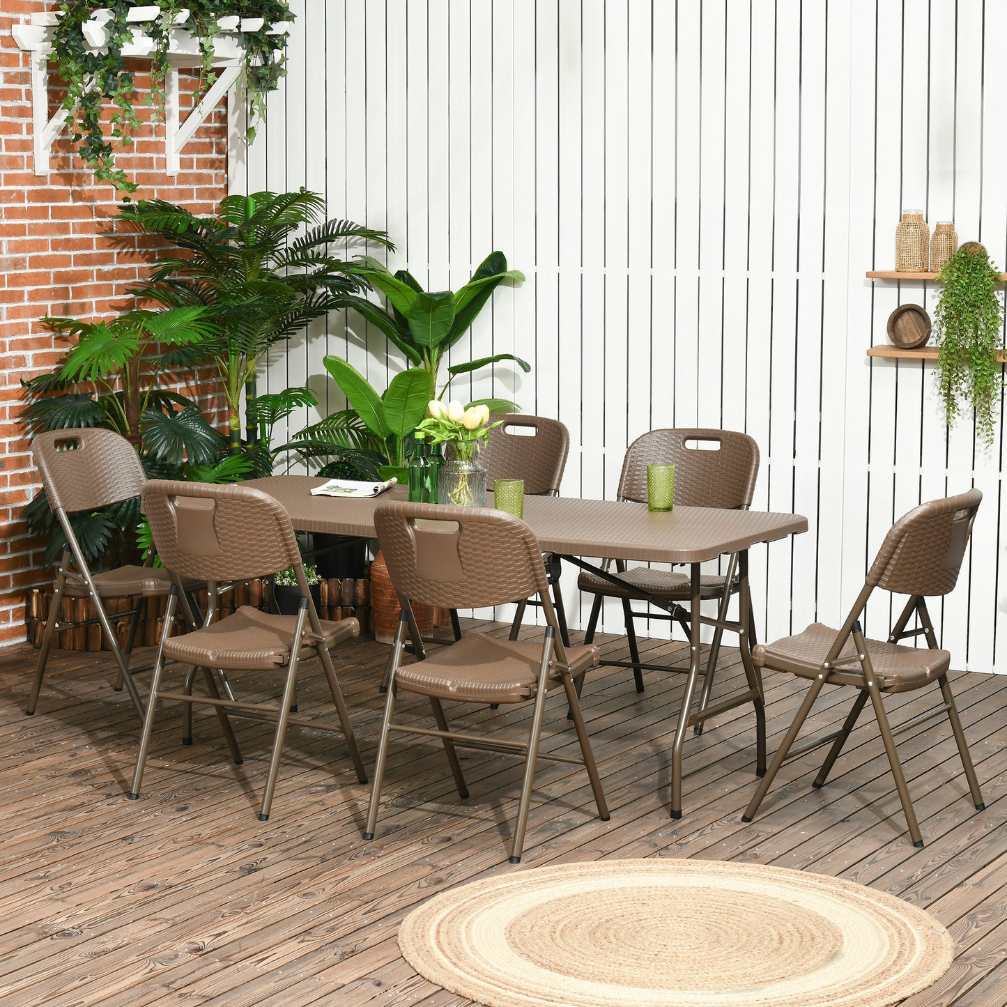 Outsunny Patio 7 PCs Resin Rattan Dining Set, Foldable Chairs and Table, with HDPE Molding Process, Portable, Space-saving for Indoor & Outdoor, Dark Brown