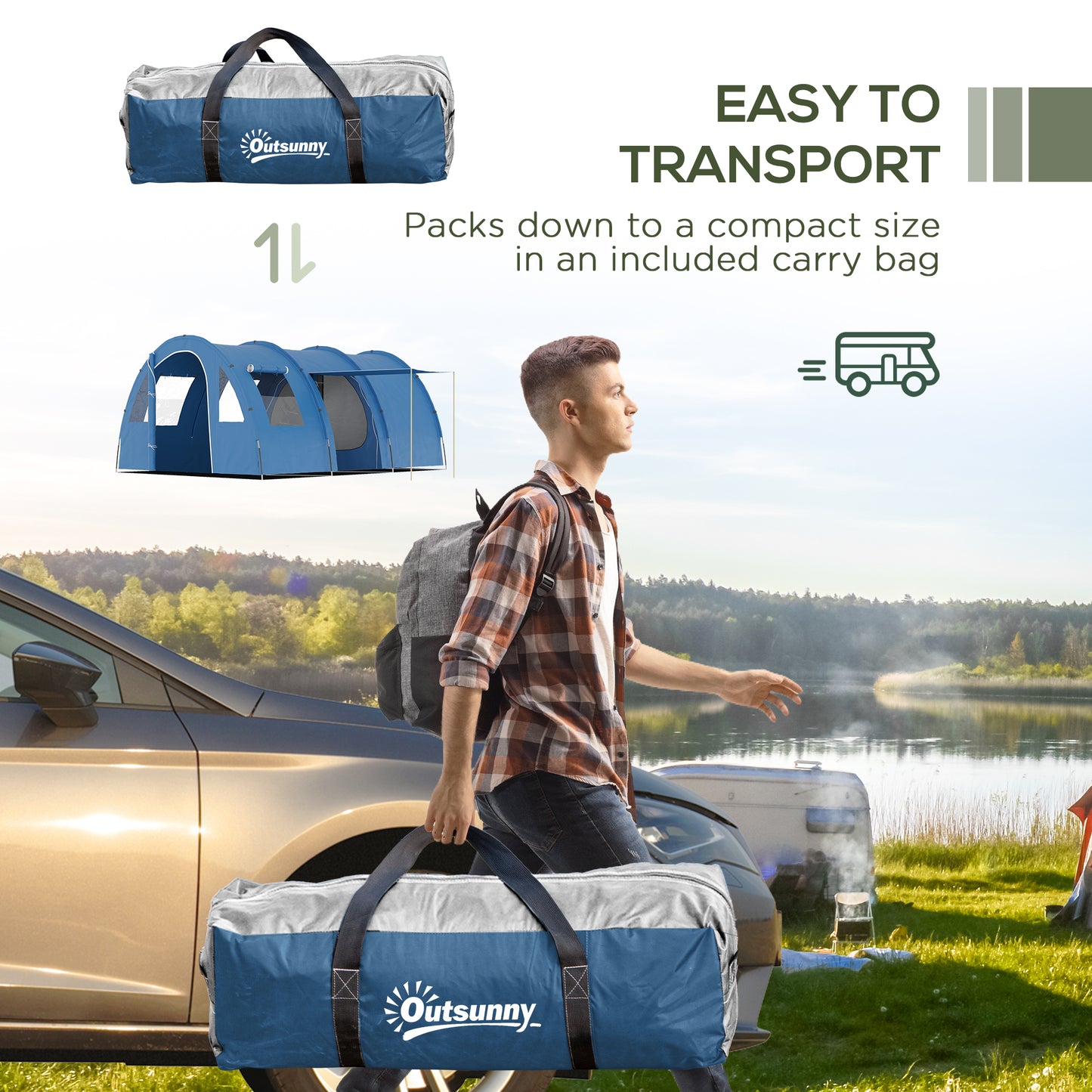 Outsunny 5-6 Man Tunnel Tent, Two Room Camping Tent with Sewn-In Floor, 2 Doors and Carry Bag, 2000mm Water Column for Fishing, Hiking, Sports, Festival