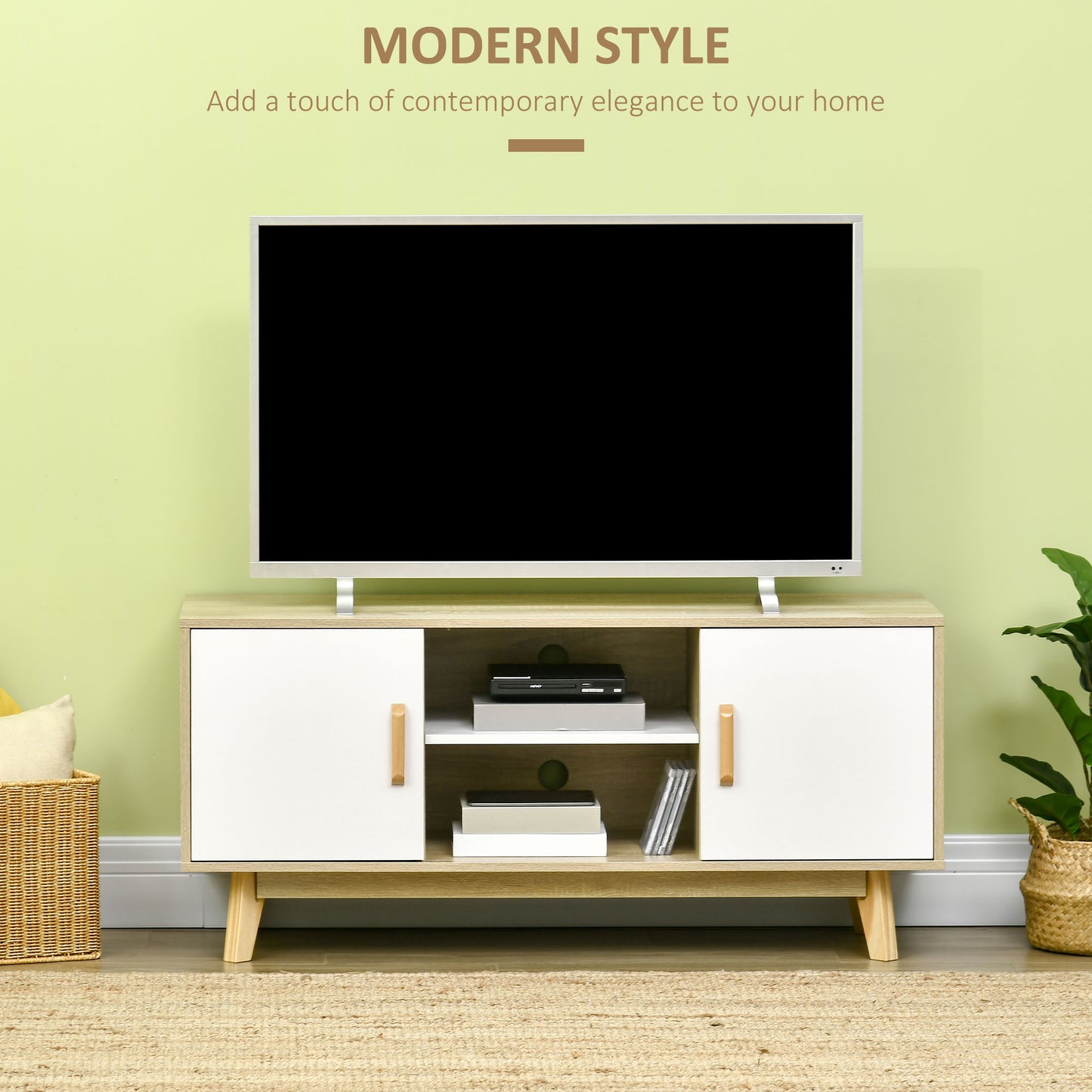 HOMCOM Modern TV Cabinet, TV Stand with Storage Shelves and Doors for 55" TVs for Living Room, Bedroom, Natural