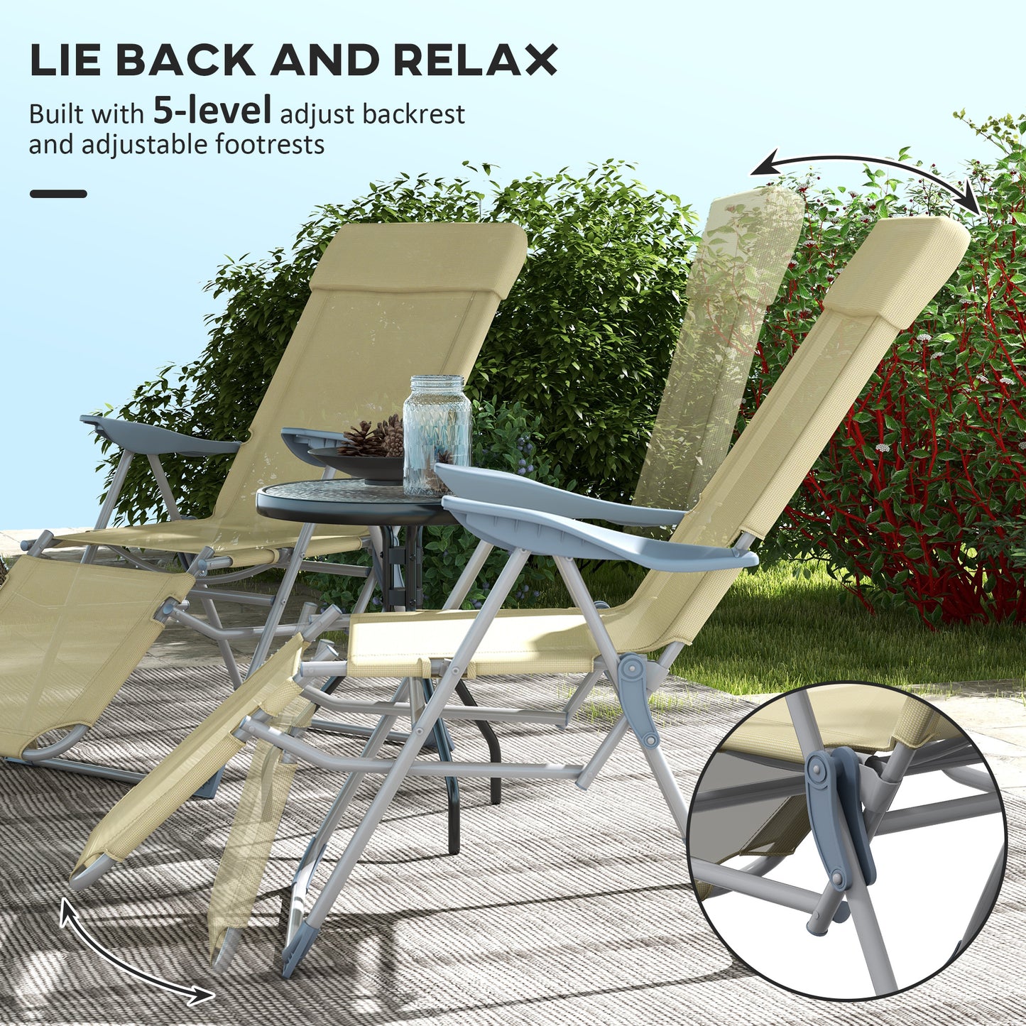 Outsunny Outdoor Sun Lounger Set of 2, Reclining Garden Chairs w/ Adjustable Footrest, 2 pcs Recliner w/ 5-level Adjustable Backrest, Headrest, Beige