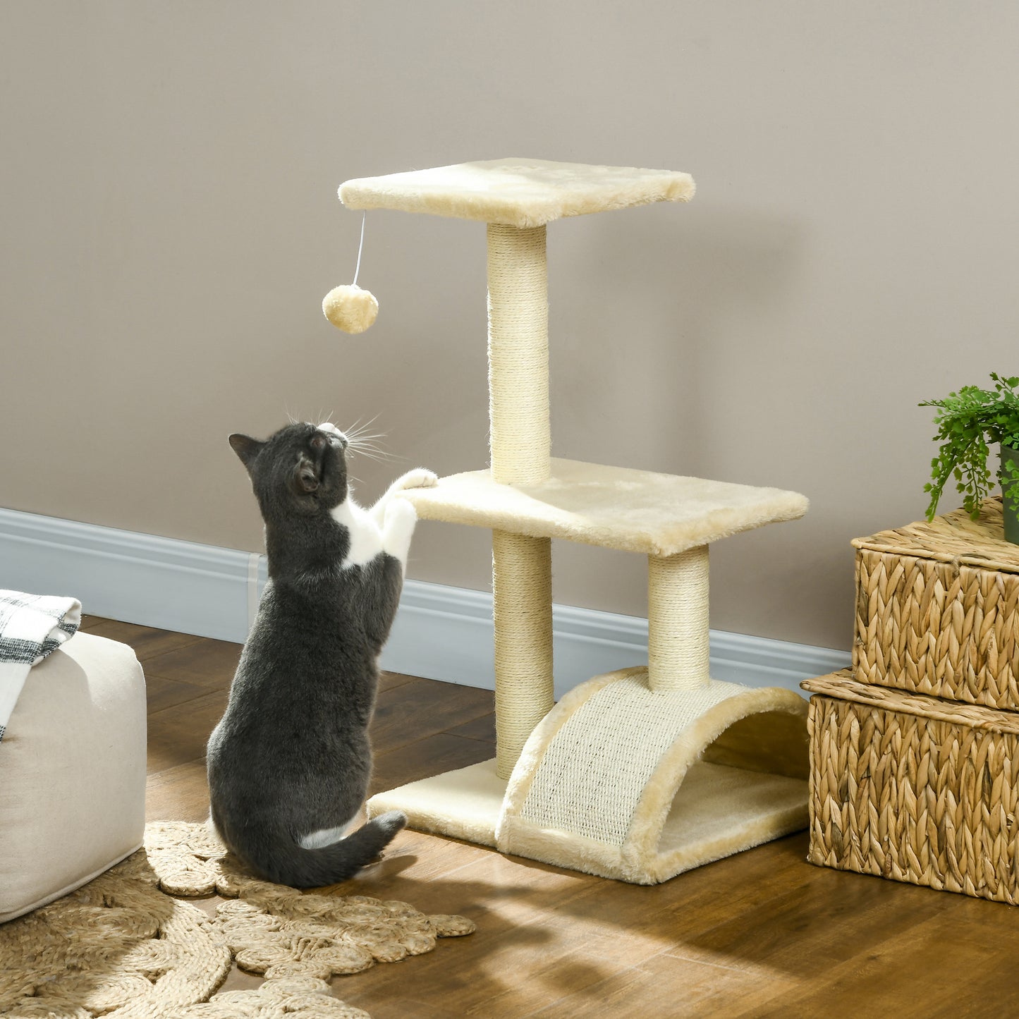 PawHut 72cm Cat Tree with Scratching Post Pad for Indoor Cats Cream White