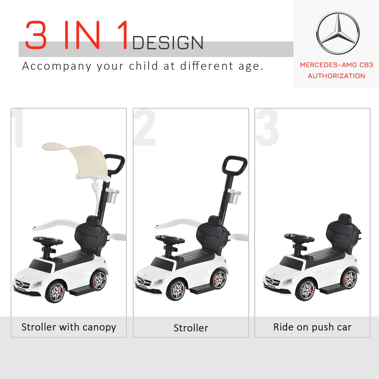 HOMCOM 3 in 1 Ride On Push Along Car Mercedes Benz for Toddlers Stroller Sliding Walking Car with Horn Sound Safety Bar for 1-3 Years