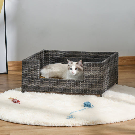 PawHut Rattan Dog Cat Bed Four Feet Pet House Hand-knitted Metal Small Animal Sofa Rattan with Soft Machine Washable Cushion Indoor White-gray 61L x 46W x 27H cm Use