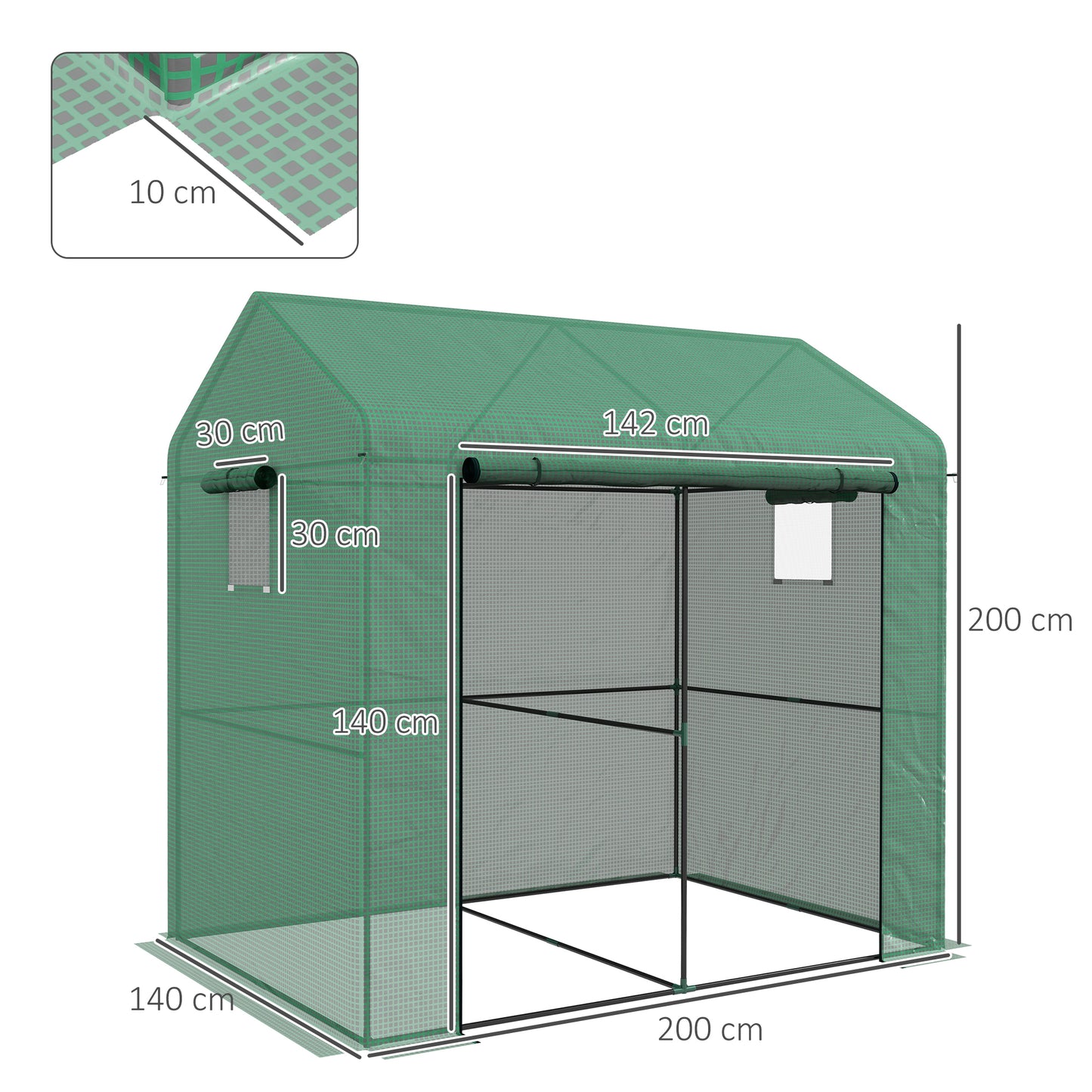 Outsunny Greenhouse Walkin Garden Grow House with Rollup Door and Mesh Windows 200 x 140 x 200cm Green