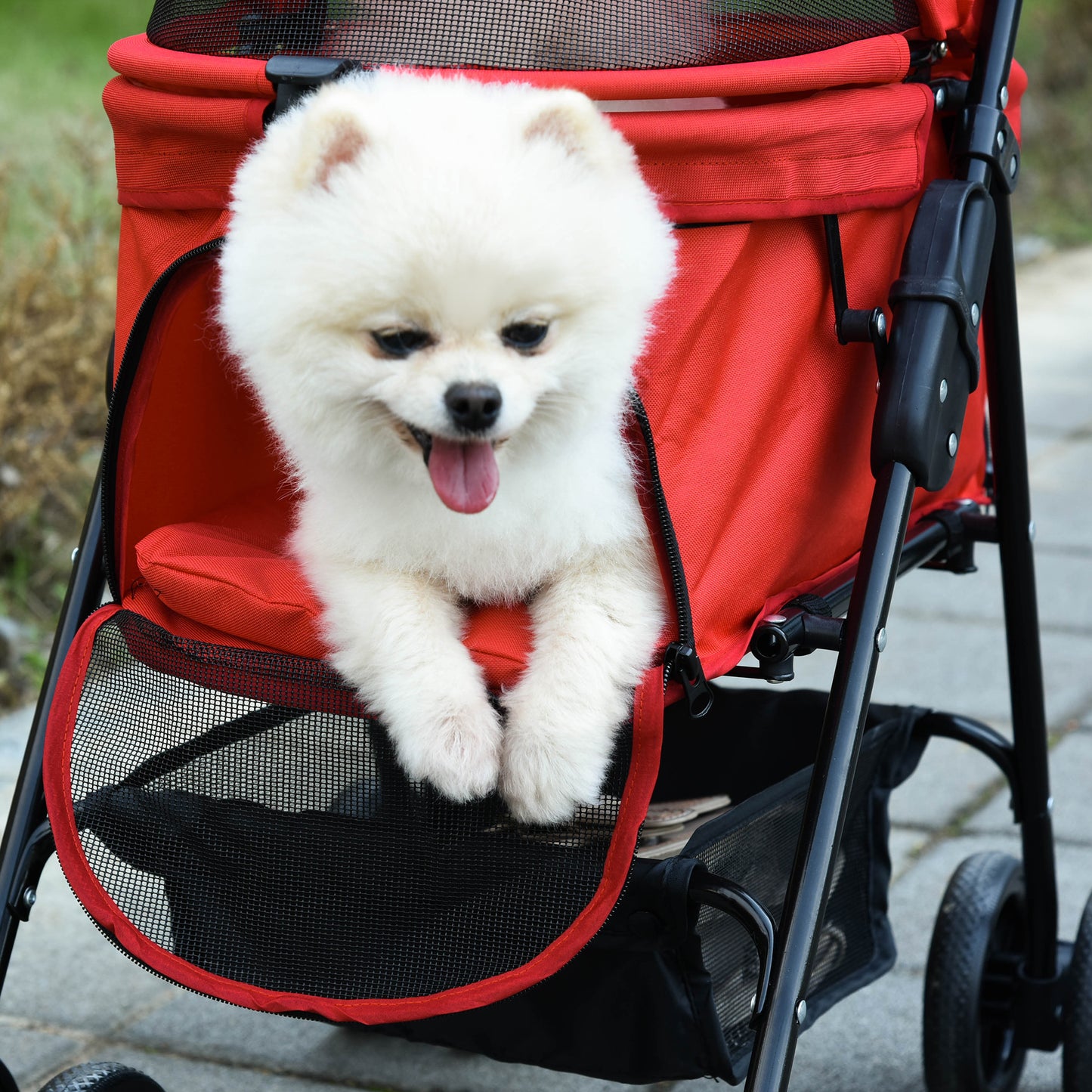 PawHut No-Zip Pet Stroller Dog Cat Travel Pushchair One-Click Fold Trolley Jogger with EVA Wheels Brake Basket Adjustable Canopy Safety Leash Red Foldable Carriage