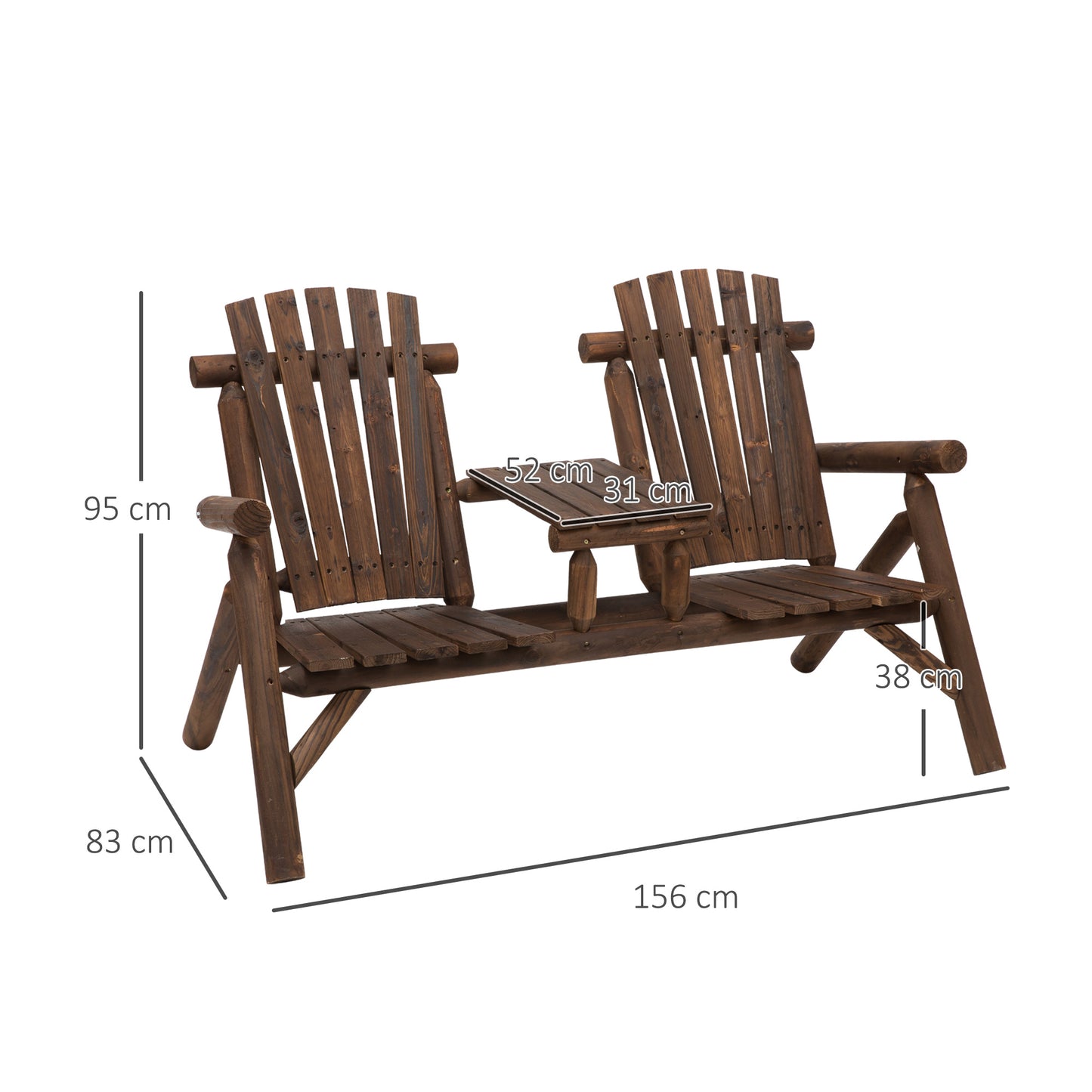 Outsunny Wood Patio Chair Bench 2 Seats with Center Coffee Table, Garden Bench Backyard Benches, Perfect for Lounging and Relaxing Outdoors, Carbonized w/ Bench,