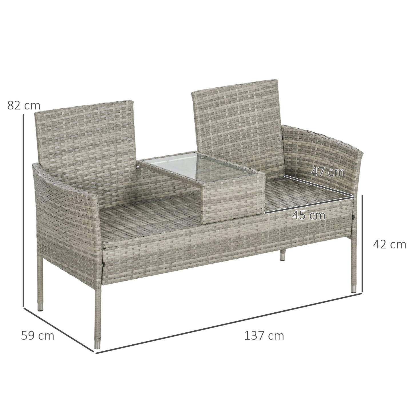 Outsunny Two-Seat Rattan Chair, with Middle Table - Grey