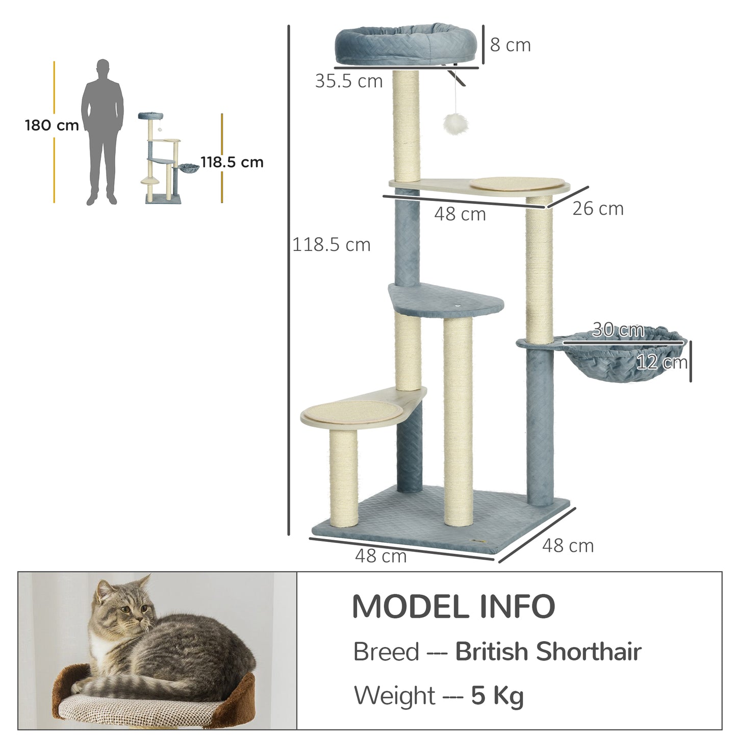 PawHut 118.5cm Cat Tree for Indoor Cats, Cat Tower with Scratching Posts, Mats, Hammock, Cat Bed, Ball Toy, Grey Blue