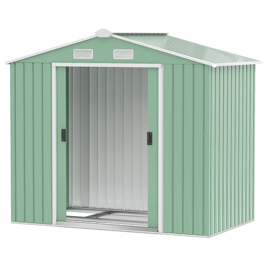 Outsunny 7 x 4ft Garden Metal Storage Shed Outdoor Storage Hose with Ventilation Slots Floor Foundation and Lockable Double Doors Light Green
